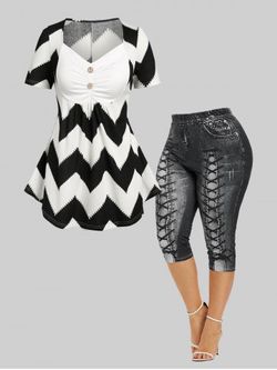 Two Tone Zigzag Ruched Tee and Capri Leggings Plus Size Summer Outfit - BLACK