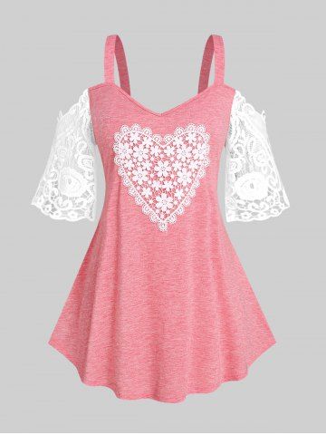 Plus Size Heart Pattern Lace Panel Cold Shoulder Tee