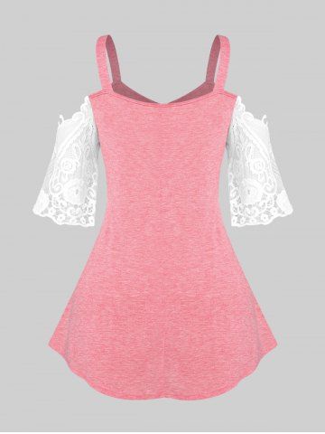 Plus Size Heart Pattern Lace Panel Cold Shoulder Tee