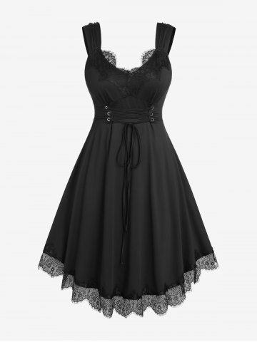 Plus Size Sleeveless Lace Up Corset Midi Cocktail Dress - BLACK - M | US 10