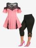 Lace Panel Cold Shoulder Tee and Capri Leggings Plus Size Summer Outfit -  