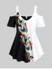 T-shirt Bicolore Papillon à Epaule Dénudée de Grande Taille - Blanc 