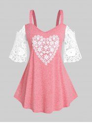 Plus Size Heart Pattern Lace Panel Cold Shoulder Tee -  