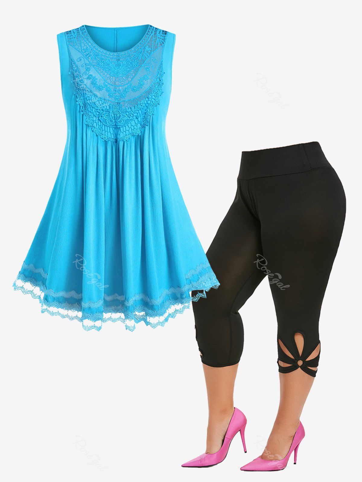 Outfit Lace Panel Tank Top and Cutout Leggings Plus Size Summer Outfit  