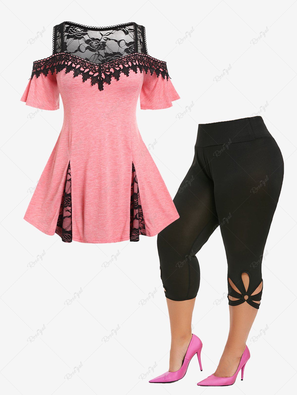 Hot Lace Panel Cold Shoulder Tee and Capri Leggings Plus Size Summer Outfit  