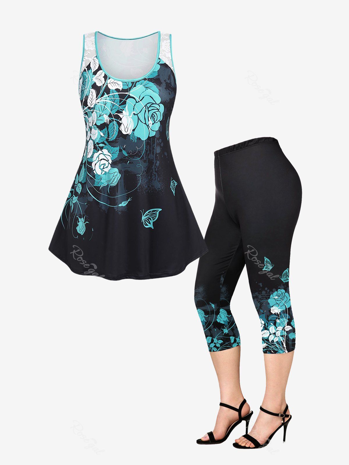 Store Flower Butterfly Printed Lace Panel Tank Top and Floral Leggings Plus Size Summer Outfit  