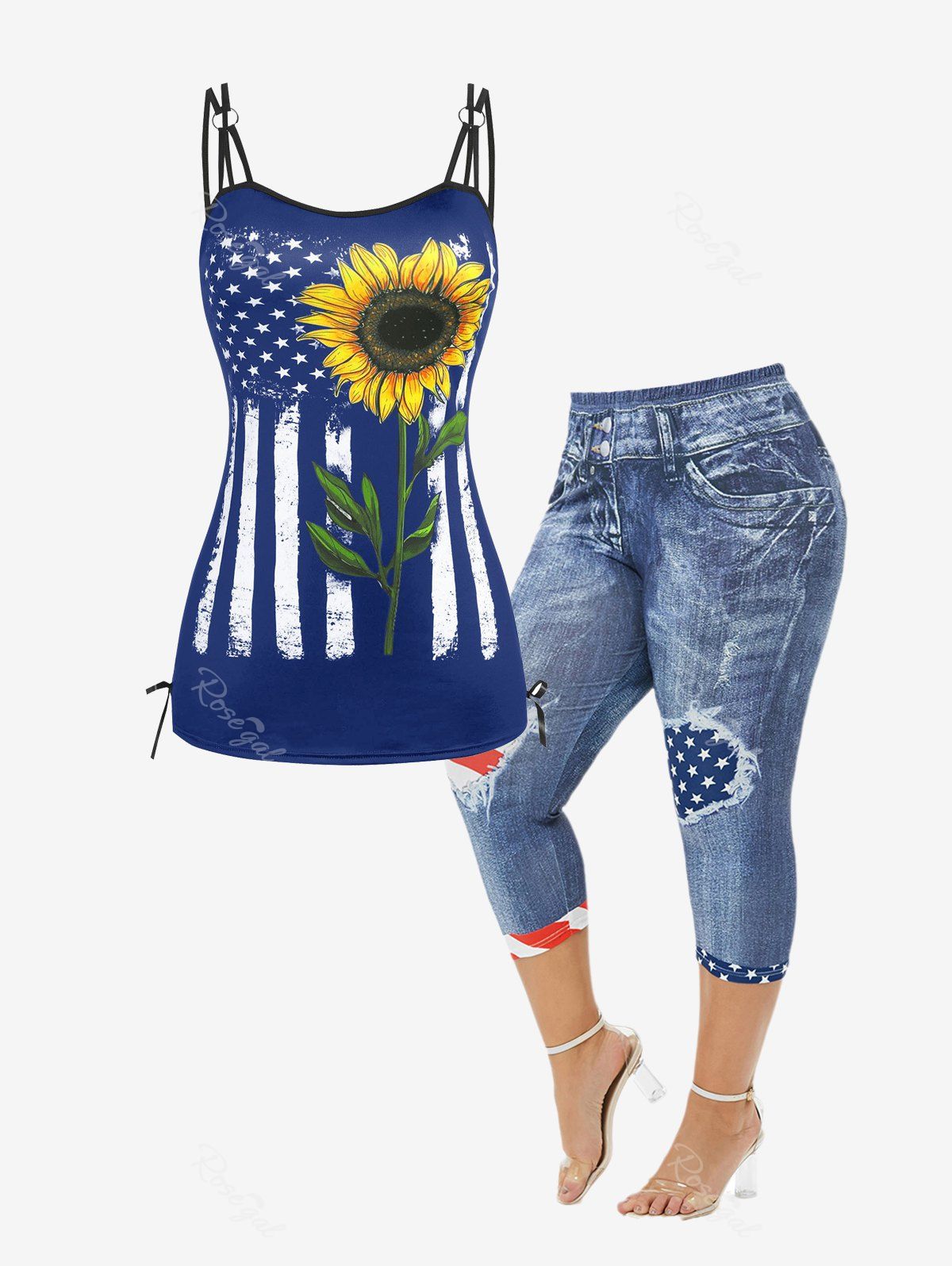 Best American Flag Sunflower Print Lace Up Tank Top and 3D Printed Skinny Capri Jeggings Plus Size Summer Outfit  