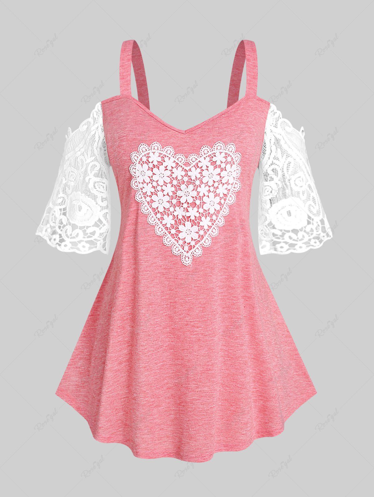 T-shirt à Epaule Dénudée Panneau en Dentelle à Motif Coeur de Grande Taille Rose clair 