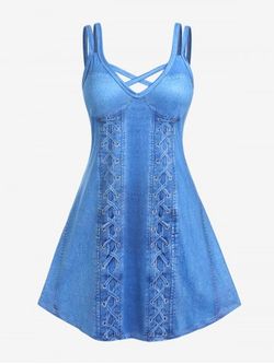 Plus Size 3D Lace Up Denim Print Crisscross Knee Length Dress - BLUE - 1X | US 14-16
