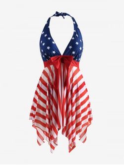 Plus Size Halter Patriotic American Flag Print Backless Handkerchief Tankini Swimsuit - BLUE - 2X