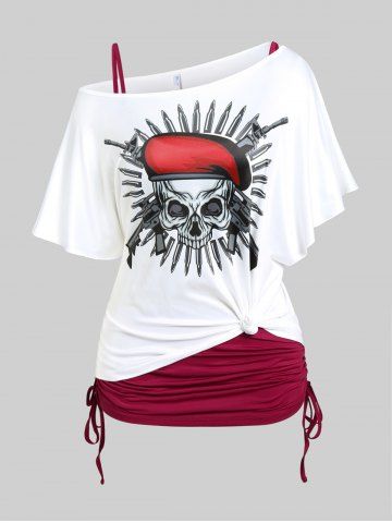 Ensemble de T-shirt Gothique à Imprimé Crâne de Grande Taille à Col Oblique et de Débardeur - WHITE - M | US 10