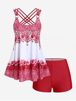 Plus Size Floral Tribal Print Crisscross Boyleg Swim Dress - RED - 4X