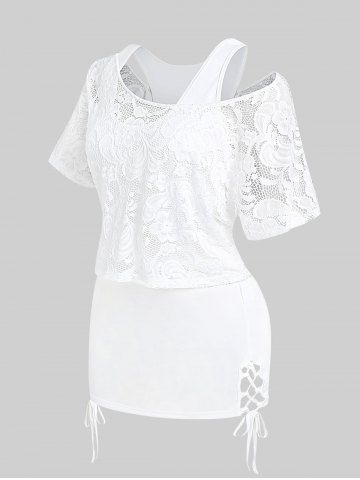 Plus Size Sheer Lace Blouse and Racerback Lace Up Tank Top Set - WHITE - 4X | US 26-28