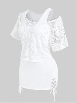 Plus Size Sheer Lace Blouse and Racerback Lace Up Tank Top Set - WHITE - 4X | US 26-28