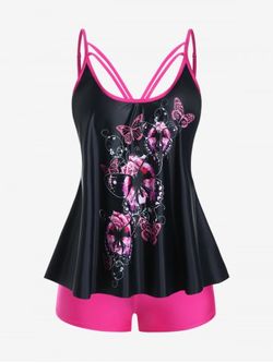 Plus Size Butterfly Print Modest High Waist Boyleg Tankini Swimsuit - BLACK - 5X