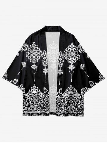Plus Size Ethnic Skulls Printed Kimono - BLACK - S