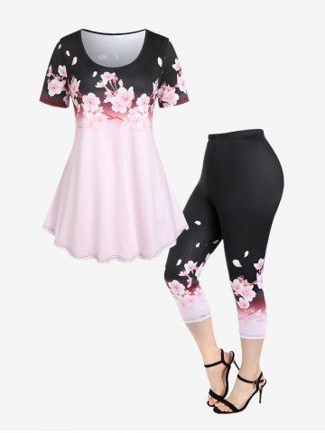 Cottagecore Floral Print T-shirt and Ombre Leggings Plus Size Summer Outfit - LIGHT PINK