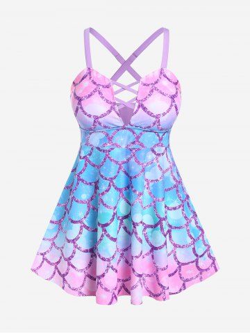 Plus Size Plunge Ombre Color Mermaid Print High Waist Swim Dress