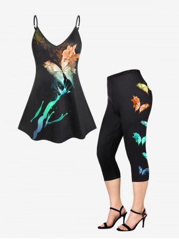 Splatter Paint Rainbow Butterfly Print Plus Size Summer Outfit - MULTI-A