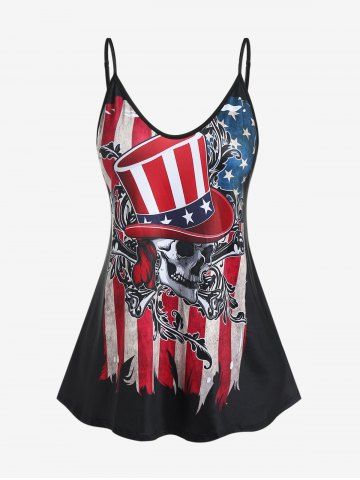 Plus Size Skull American Flag Print Gothic Cami Top (Adjustable Straps) - BLACK - XL