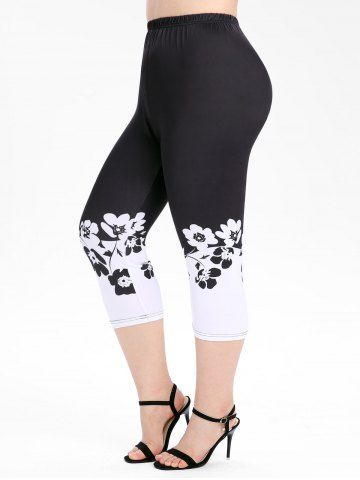 Plus Size High Waist Monochrome Floral Print Skinny Capri Leggings - BLACK - M | US 10