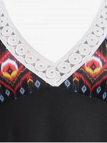 Plus Size Plunge Printed Lace Crochet Asymmetric Longline Tank Top