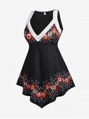 Plus Size Plunge Printed Lace Crochet Asymmetric Longline Tank Top