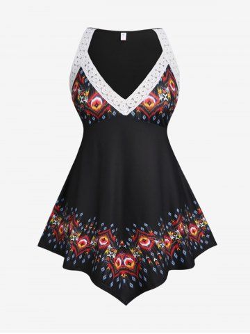 Plus Size Plunge Printed Lace Crochet Asymmetric Longline Tank Top