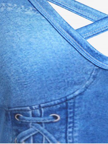 Plus Size 3D Lace Up Denim Print Crisscross Knee Length Sundress