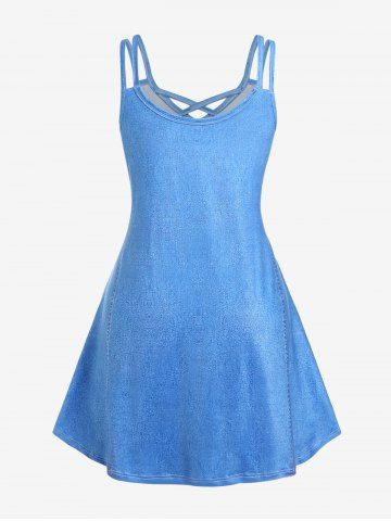 Plus Size 3D Lace Up Denim Print Crisscross Knee Length Sundress