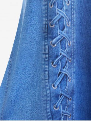 Plus Size 3D Lace Up Denim Print Crisscross Knee Length Sundress