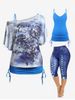 Skew Neck Rose Print Tee and Cinched Tank Top and 3D Lace Up Jean Print Capri Leggings Plus Size Summer Outfit -  