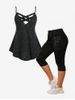 Gothic Studded Crisscross Tank Top and Cropped Leggings Plus Size Summer Outfit -  