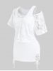 Plus Size Sheer Lace Blouse and Racerback Lace Up Tank Top Set -  