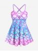 Plus Size Plunge Ombre Color Mermaid Print High Waist Swim Dress -  