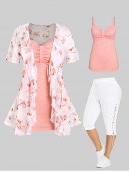 Floral Tie Blouse and Knot Solid Tank Top Set and Lace Up Side High Waisted Capri Pants Plus Size & Curve Summer Outfit -  
