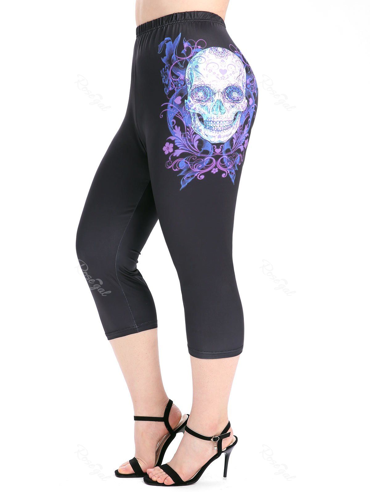 Affordable Plus Size Gothic Skull Printed High Rise Leggings  