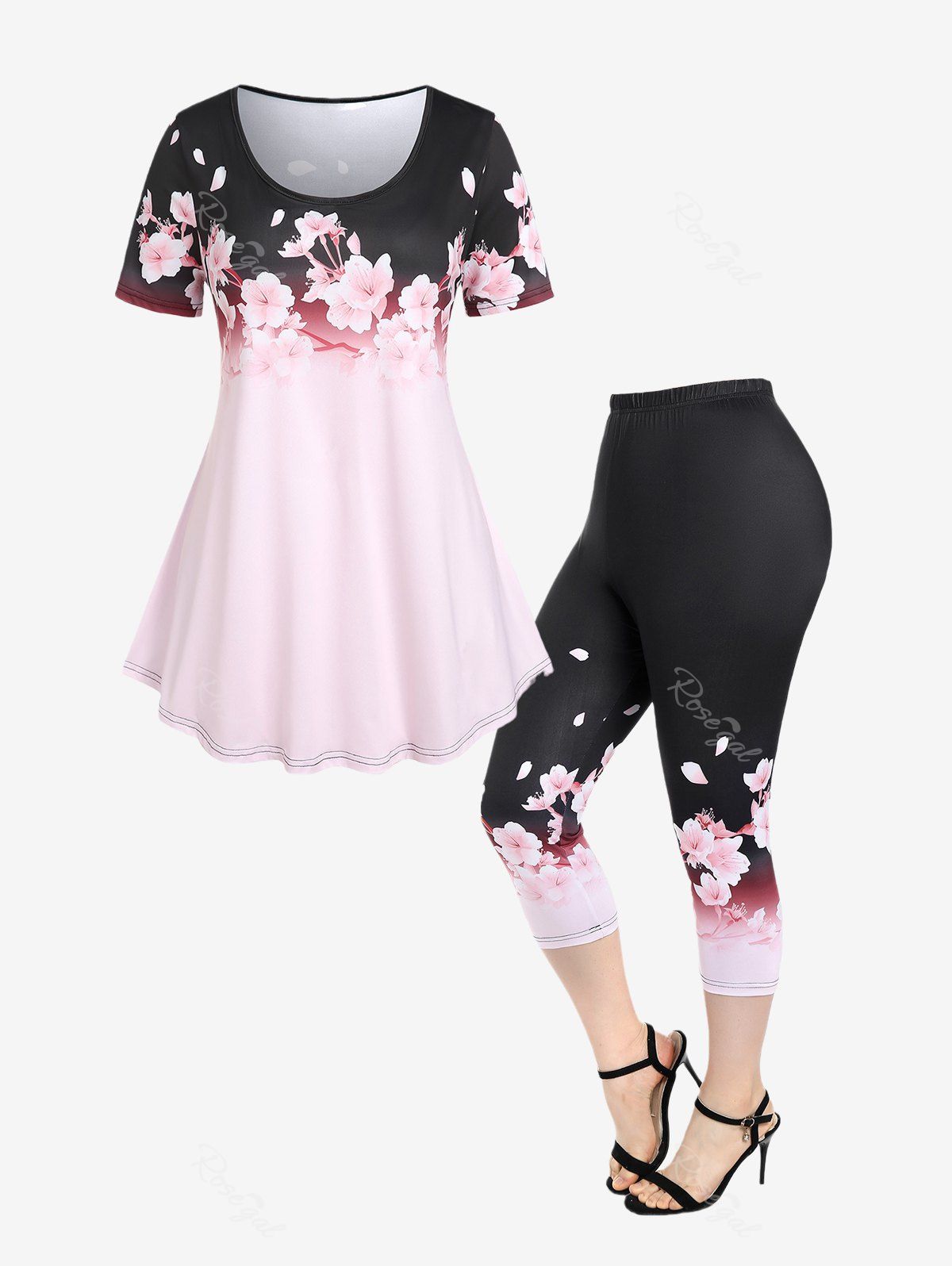 Shop Cottagecore Floral Print T-shirt and Ombre Leggings Plus Size Summer Outfit  