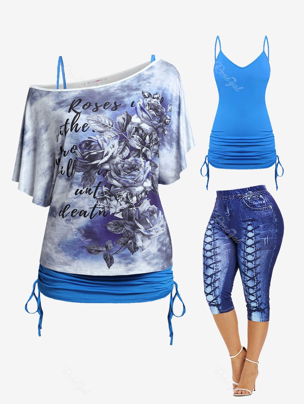 Latest Skew Neck Rose Print Tee and Cinched Tank Top and 3D Lace Up Jean Print Capri Leggings Plus Size Summer Outfit  