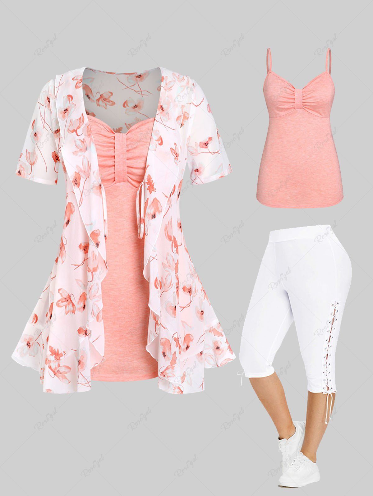 Affordable Floral Tie Blouse and Knot Solid Tank Top Set and Lace Up Side High Waisted Capri Pants Plus Size & Curve Summer Outfit  