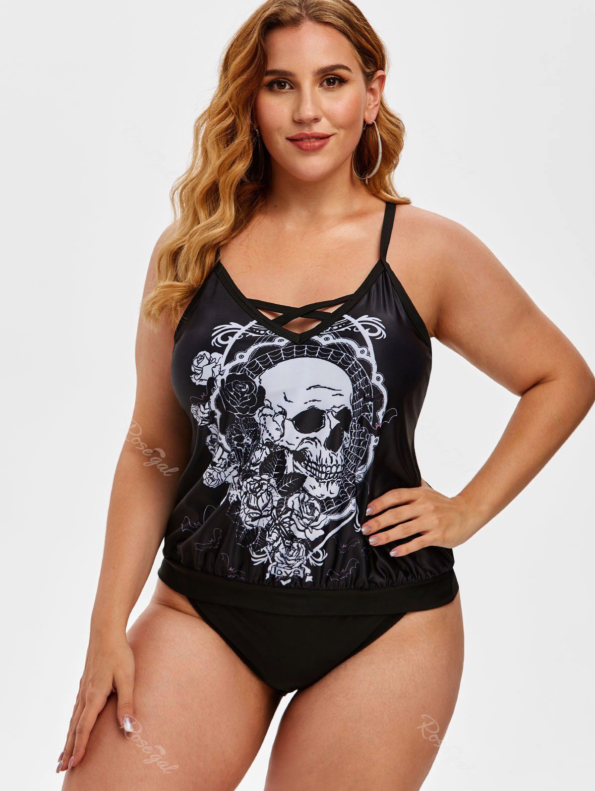 Shop Plus Size Rose Skull Print Cinched Gothic Tankini Swimsuit  
