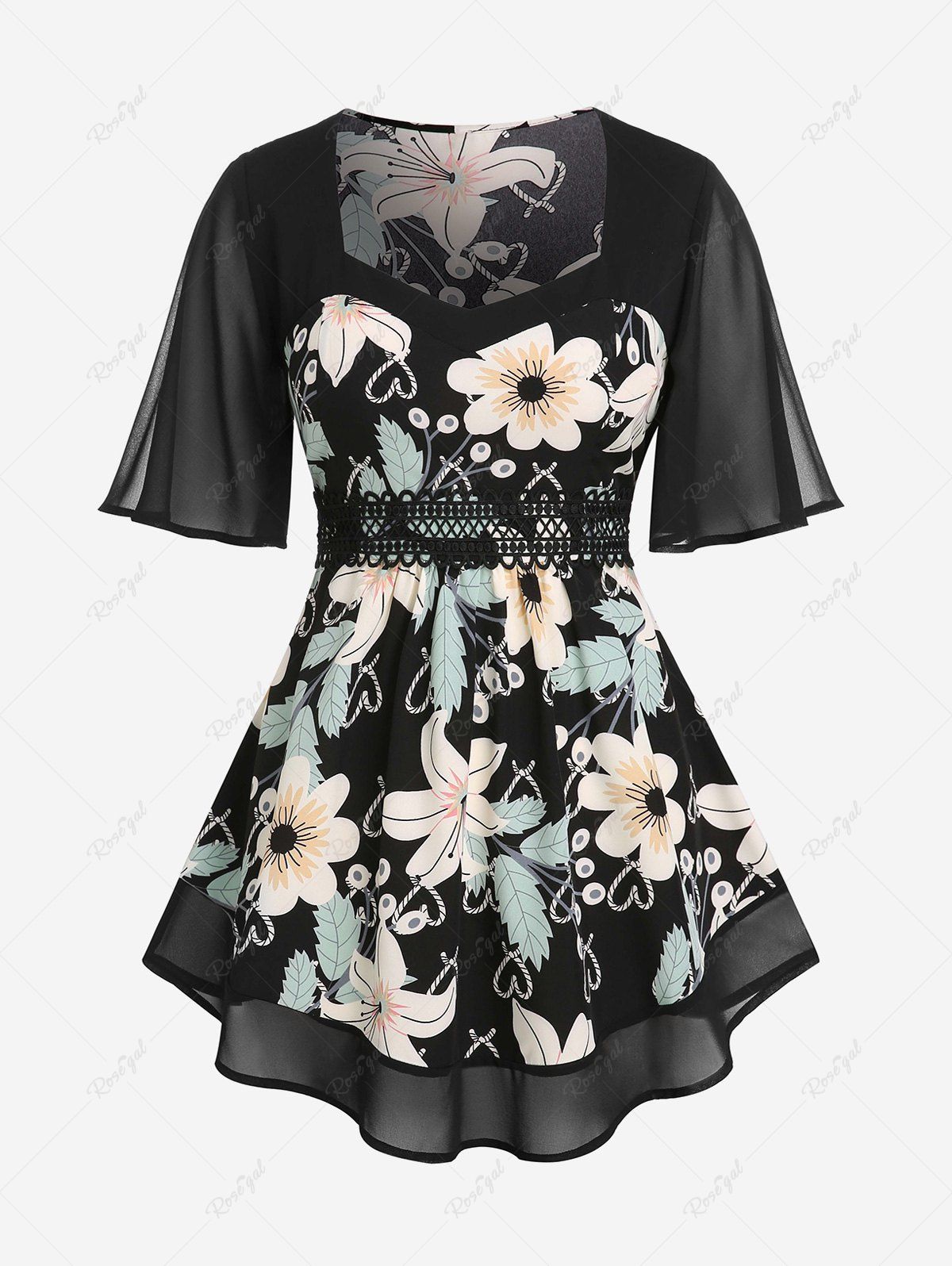 Fashion Plus Size Sweetheart Neck Flutter Sleeve Floral Print Blouse  