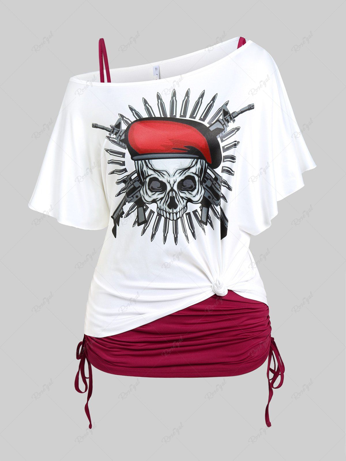 Ensemble de T-shirt Gothique à Imprimé Crâne de Grande Taille à Col Oblique et de Débardeur Blanc 4x | US 26-28
