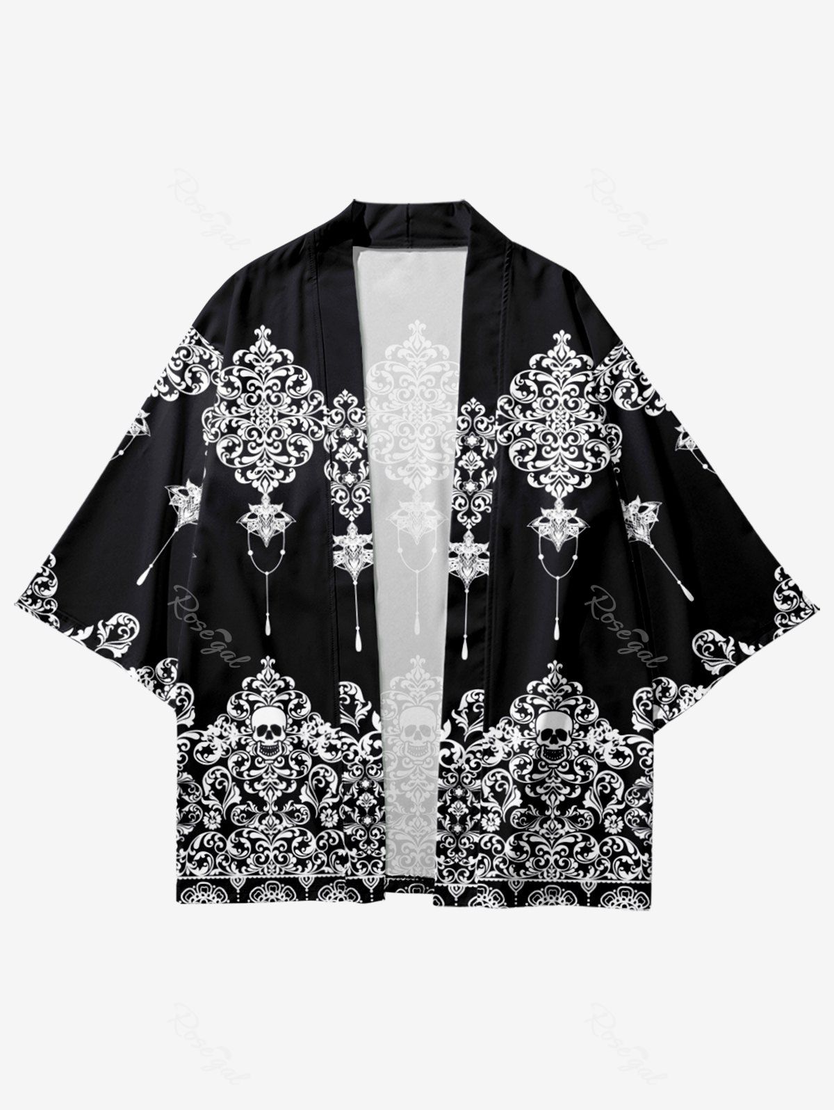 Kimono à Imprimé Crâne Ethnique Grande Taille Noir 5XL