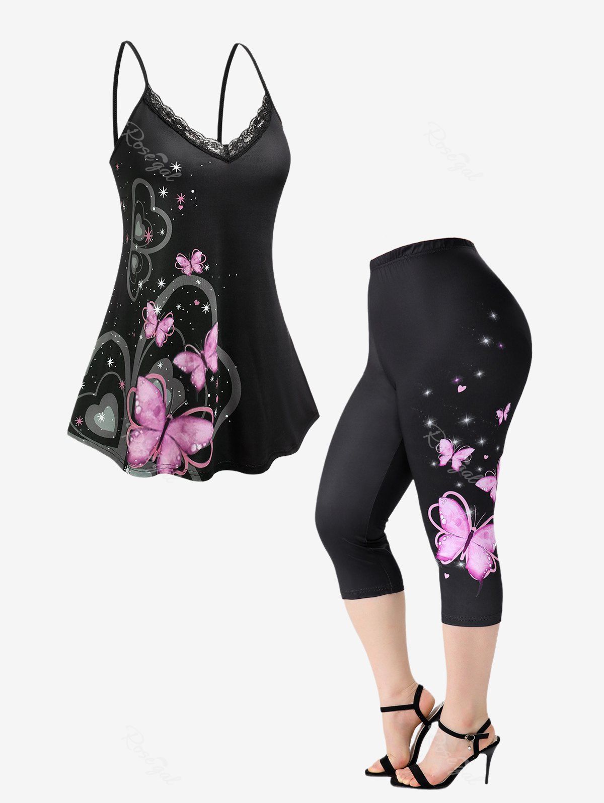 Sale Butterfly Print Cami Top and High Waist Capri Leggings Plus Size Summer Outfit  