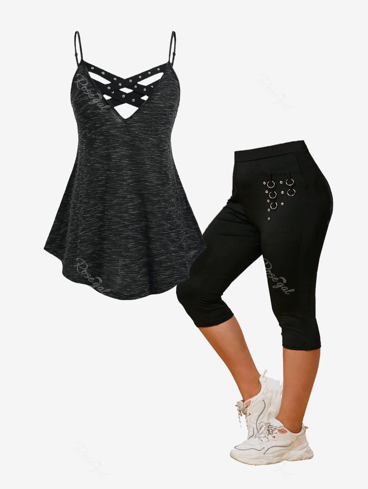 Latest Gothic Studded Crisscross Tank Top and Cropped Leggings Plus Size Summer Outfit  