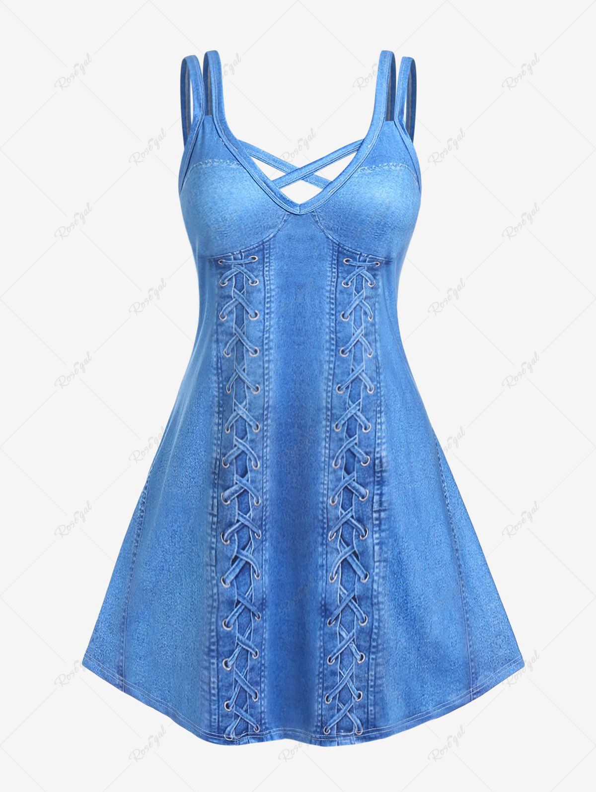 Robe Longueur à Genou 3D Croisée en Denim de Grande Taille à Lacets Bleu 