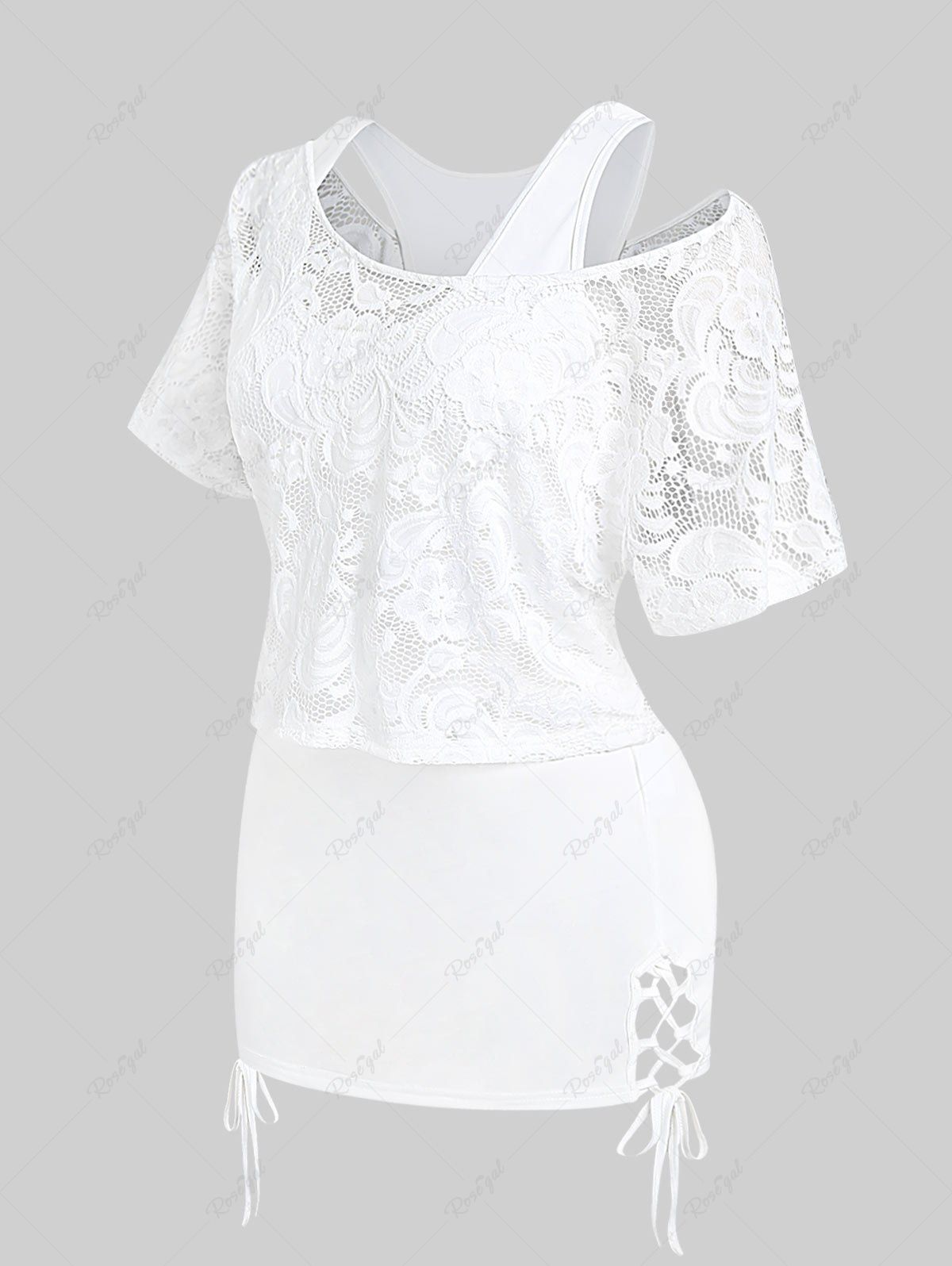 Store Plus Size Sheer Lace Blouse and Racerback Lace Up Tank Top Set  