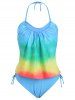Maillot de Bain Sanglé Ombré à Volants de Grande Taille à Col Halter - Bleu clair 4X