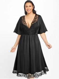 Plus Size Plunge Lace Insert Midi Semi Formal Dress - BLACK - 1X | US 14-16
